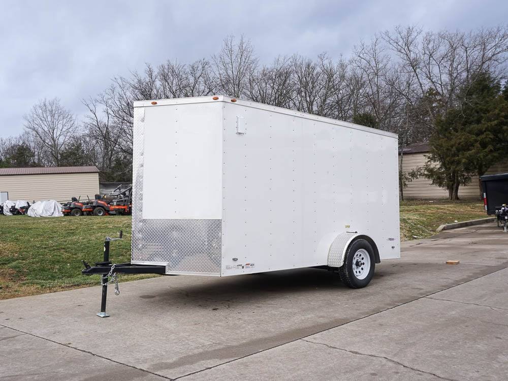 6' X 12' White Enclosed V-Nose Trailer with Diamond Plate Floor Storage