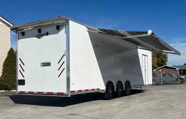 Enclosed Car Trailer 2025 34ft. w/Large Corner Bathroom, Electric Awning, Aluminum Wheels, & More! 0178